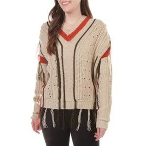 Shadow & Sky Mixed Media Fringe V-Neck Sweater